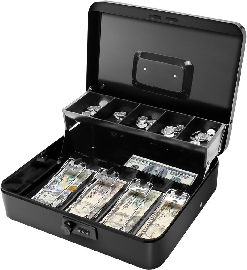 PACOLO Secure Locking Cash Box with Key or comnination, Money Tray, and Organizer - Metal Money Safe for Cash Management, 11.8" x 9.4" x 3.5" (Black Combination) - Image 1